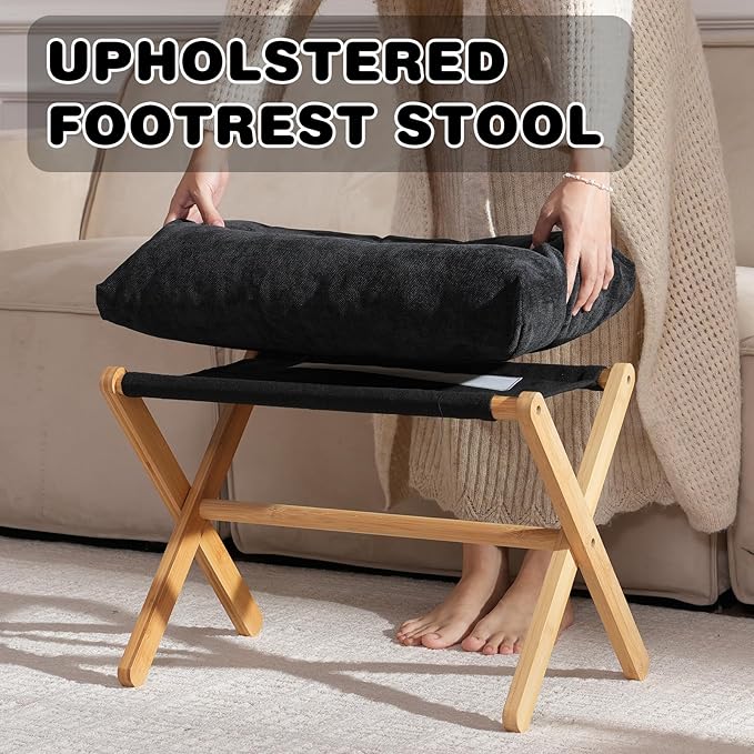 Baveke Ottoman Foot Rest- Bamboo Foldable Stool, Foot Stools Small Ottman with Upholstered & X Legs, Folding Stool for Makeup, Bedroom and Living Room (Black)