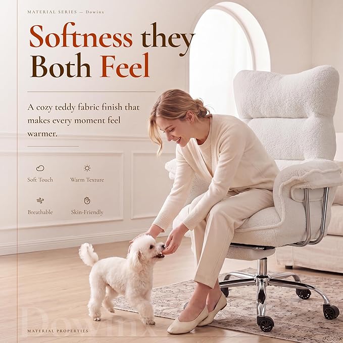 Dowinx Big and Tall Office Chair, Ergonomic Desk Chair with Thick Cushion, Wide Seat & Armrests Computer Gaming Chair,High Back Reclining Teddy Fleece Criss Cross Chair with Foot Rest, White
