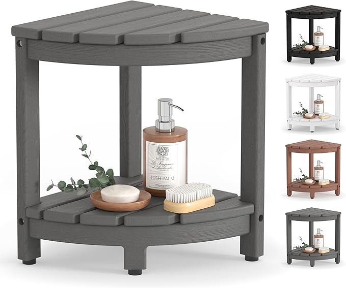 Corner Shower Stool for Inside Shower, HDPE Waterproof Shower Bench Seat Chair, Plastic Bath Shower Stool for Shaving Legs Foot Rest with Storage Shelf, Adjustable & Non-Slip Feet, Grey