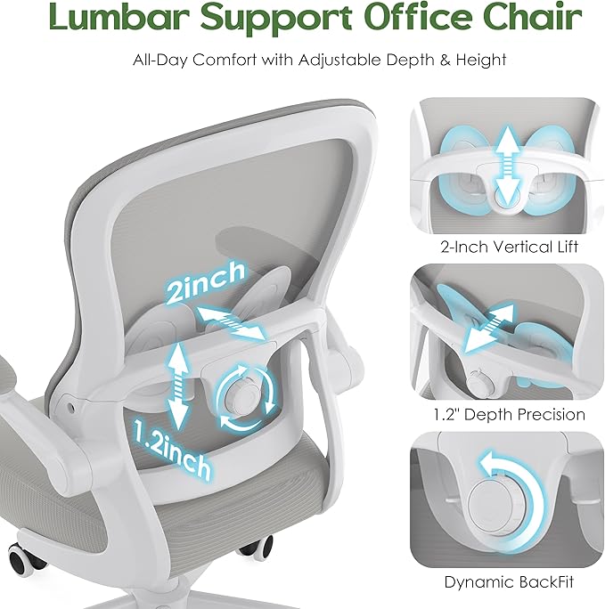 Office Chair Ergonomic Desk Chair - Mesh Comfy Home Desk Office Chairs with Wheels Adjustable Lumbar Support Flip up Armrest Executive Rolling Swivel Teacher Task Computer Chair Light Gray