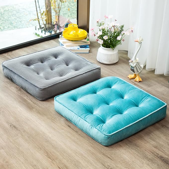 1 MIDDLE ONE Floor Pillow Set of 2, Memory Foam Meditation Cushion, Floor Cushions for Adults Sitting, Large Square Seat Cushions for Yoga, Couch, Sofa, Kids, Living Room, 20x20 Inch (Blue)