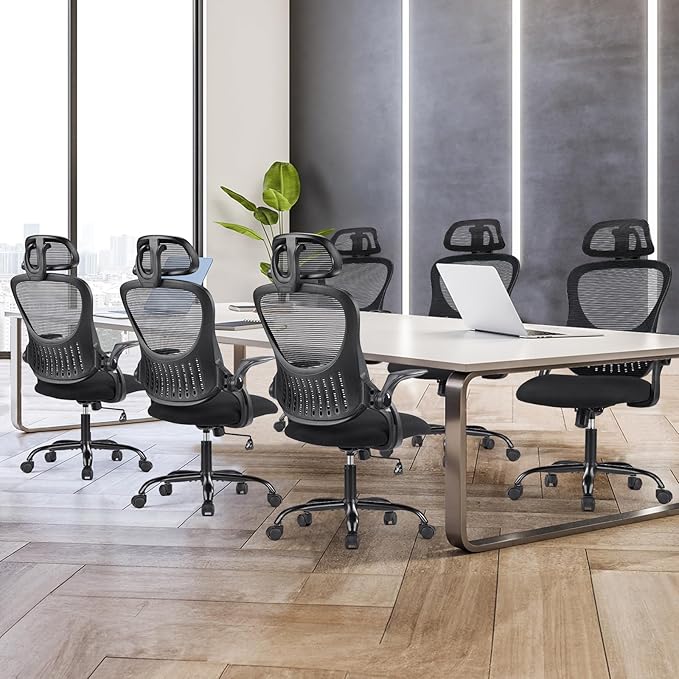Sweetcrispy Home Office Managerial Executive Chair, High-Back Mesh with Adjustable Headrest, Flip-up Armrest Comfortable Lumbar Support, Comfy Arms for Bedroom,Study,Student