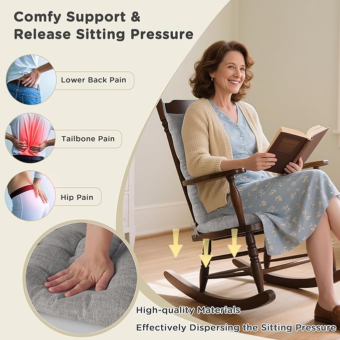 AddGrace Rocking Chair Cushions Indoor Tufted Cushions for Rocking Chairs with Ties Comfortable Textured Fabric Set of Seat & Back Cushion 21x17/17x17 Light Grey