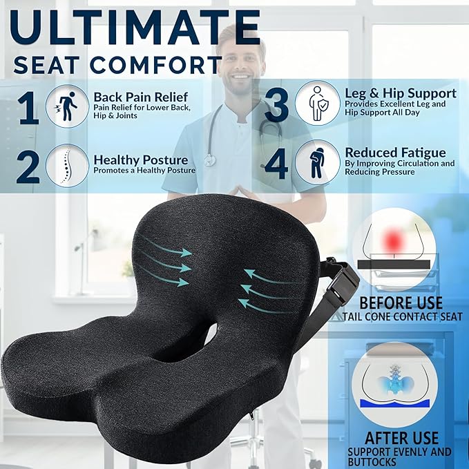 Memory Foam Seat Cushion for Truck Drivers, Office Chairs, Car Seats, Sciatica Relief Pillow for Tailbone, Ergonomic Pressure Relief Pad for Long Sitting & Driving Ergonomic Chair Pad (Black)
