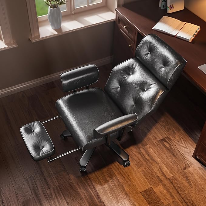 SeekFancy Criss Cross Chair with Wheels and Arms, Reclining Office Chair with Footrest and Wide Seat, Leather Big and Tall Desk Chair 400LBS, Button Tufted Vintage Design, Black