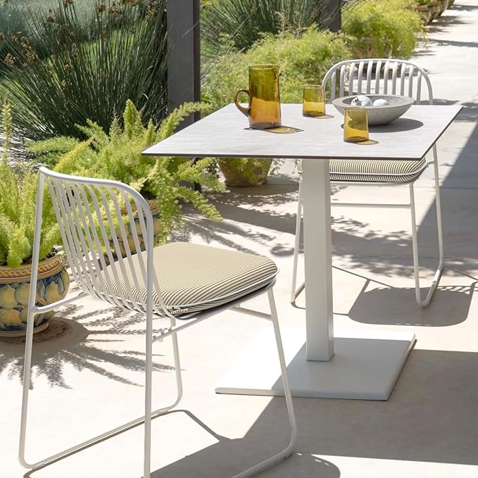 DYTXIII Set of 2 Outdoor Chair Cushions with Ties,Water Repellent Patio Chair Pads 17"x 16" for Outdoor Furniture,Round Corner Seat Cushions for Garden Yard Kitchen Stripe Beige