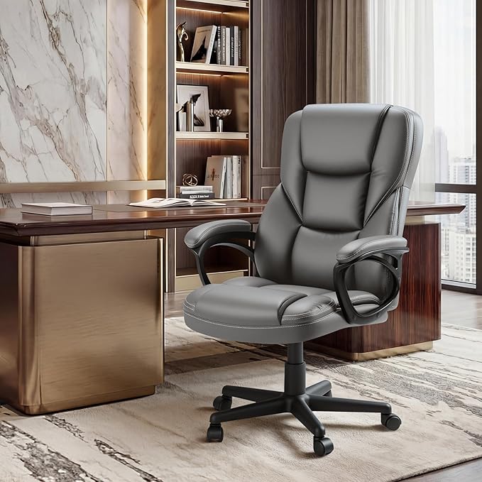 Shahoo Ergonomic Office Chair Executive PU Leather Chair with Comfortable Head Rest, Thickened Cushioned Armrest and Lumbar Support for Office & Home, Grey