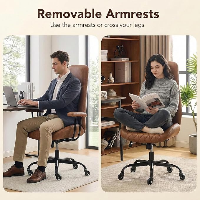 E-Motie Office Chair with Rubber Wheels, Ergonomic Computer Chair 500 lbs, Leather Desk Chair with Lumbar Support, Executive Chair Adjustable Height & Recline, Brown