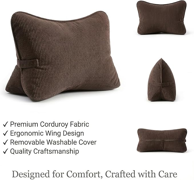 Pat. Pend. Corduroy Lumbar Back Support Pillow for Recliner, Relaxing and Sitting, Triangle Cushion for Sofa or Bed Sitting, Backrest Support Pillow with Removable Washable Cover, Chocolate