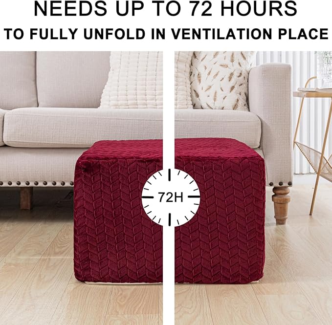 Furry Square Pouf Ottoman – 20"x14" One-Piece Seamless Integral Foam Foot Stool Ottoman Foot Rest Living Room Bedroom Under Desk (Redwine)