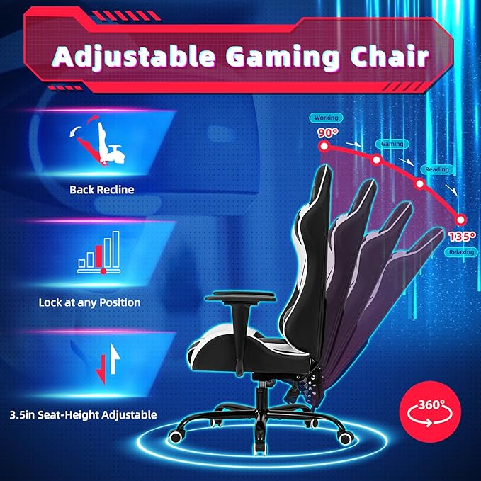 ECOTOUGE PC Gaming Chair Massage Ergonomic Office Desk Chair Racing PU Leather Recliner Swivel Rocker with Headrest and Lumbar Pillow, White