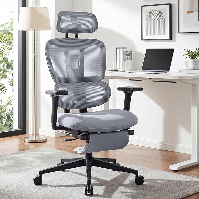 Ergonomic Office Chair with Footrest, 90-135° Reclining High Back Desk Chair with Lumbar Support, 2D Headrest, 4D Armrests, Computer Chair for Long Hours, Dark Grey