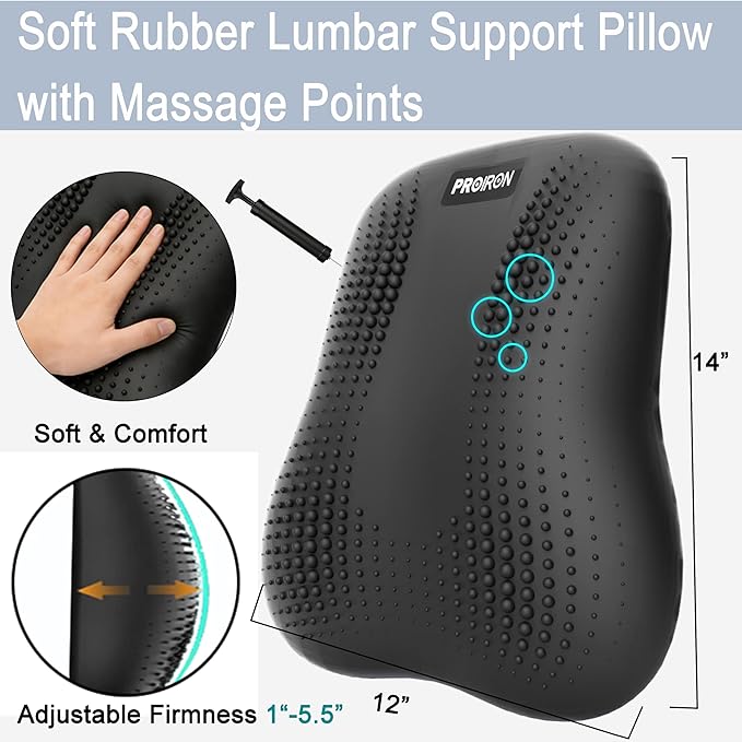 Lumbar Support Pillow, Inflatable Rubber Lumbar Pillow for Lower Back Pain Relief - Car Back Cushion for Driving Seat, Office Chair, Back Support Stretcher, Waterproof, Adjustable Thick, 12''Lx 14''H