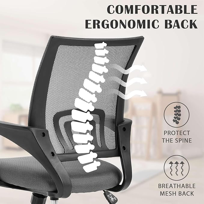 MKDLUFEI Office Chair, Ergonomic Cheap Desk Chair with Lumbar Support, Adjustable Mid Back Task Rolling Swivel for Home Office Student, Adults,Study, Grey