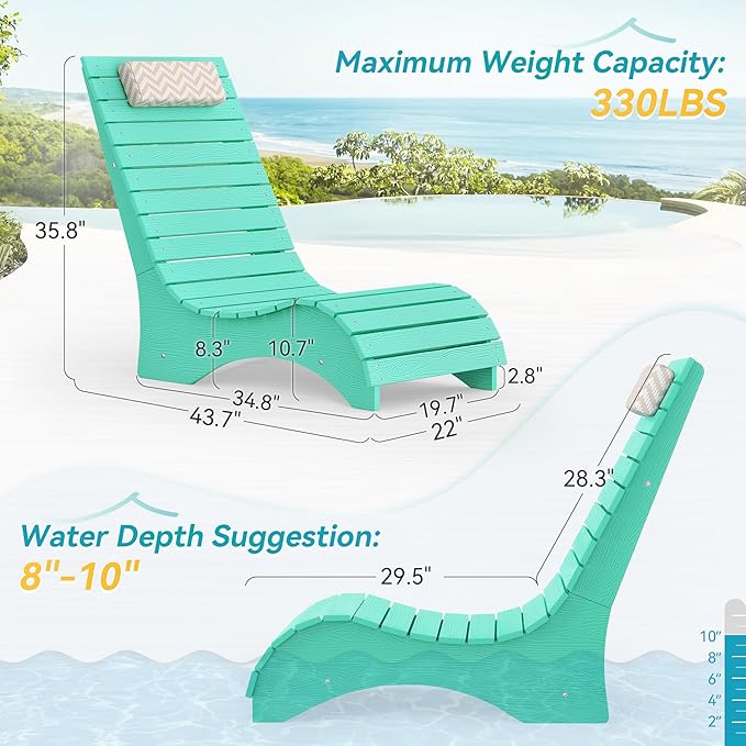 HDPS Pool Lounge Chairs Set of 2, Use in Pools Lounge Chairs up to 10-Inches of Water, Chaise Chairs with Headrest, Lounge Chair Outdoor, Fade-Resistant Pool Lounger for Deck