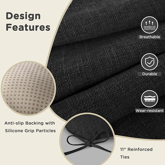 AddGrace Chair Cushions for Dining Chairs Set of 4 Kitchen Seat Cushions with Ties and Non Slip Backing Tufted Indoor Seat Pad for Kitchen Dining Room 18" x 17" x 3" Black