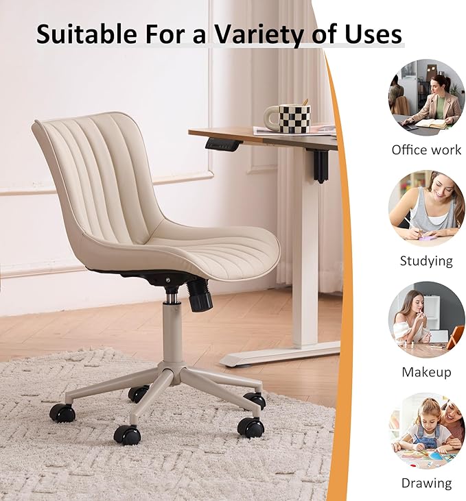 YOUNIKE Home Office Desk Chair with Wheels Armless Vanity Chair with Back Comfy Modern Leather Upholstered Rolling Task Chair Swivel Small Cute Sewing Chair No Arms Wide Adjustable Ergonomic Cream