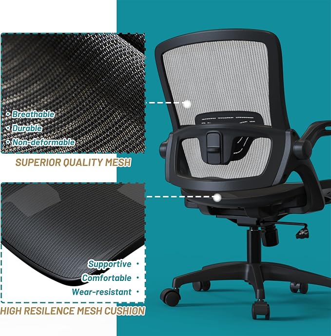 Ergonomic Mesh Office Chair Comfy Swivel Black Home Desk Chair Comfortable Modern Computer Chair Flip Up Arms with Lumbar Support Task Chair with Wheels Office Desk Chair Adjustable Height
