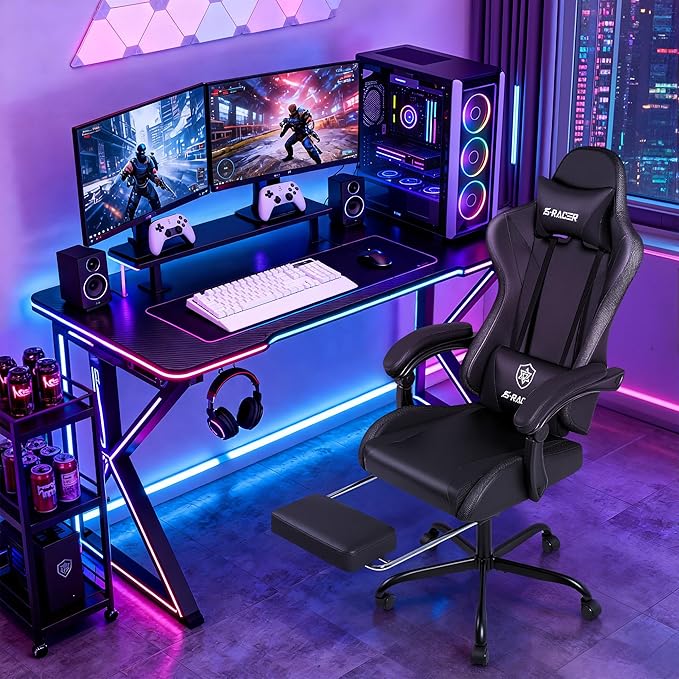 Homall Gaming Chair with Massage & Footrest, Ergonomic Computer Office Chair, High-Back Racing Style Reclining Chair with Adjustable Lumbar Support, PU Leather for Adults (Black)
