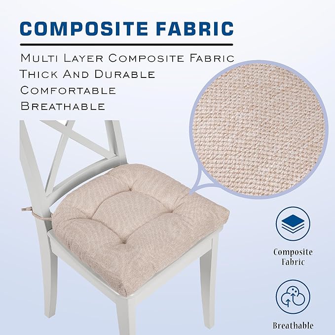 SQUARE MOON D-Shaped 3" Thick Chair Cushions, Chair Pads for Dining Chairs and Kitchen Chairs, Indoor Dining Room Seat Cushions with Ties, Machine Washable, 17" x 16" x 3", 4/Pack, Beige