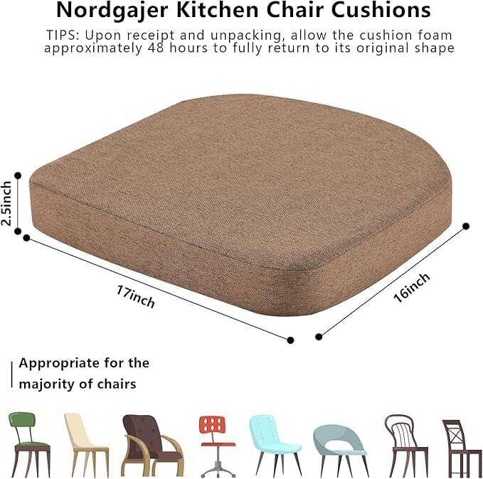 Nordjager Chair Cushions for Dining Chair Seat Set of 4, Memory Foam Chair Pads Help You Relief from Sedentary Discomfort in The Office or Kitchen and Dining Rooms(17" x 16" x 2.5", Brown)