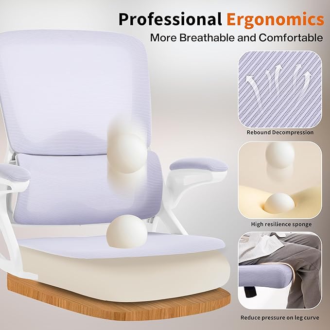 Ergonomic Office Chair,Mesh Office Chair with Lumbar Support,Mid Back Desk Chair with Flip-up Arms,400 lbs Comfy Computer Chair for Home Office (Pale Purple White)