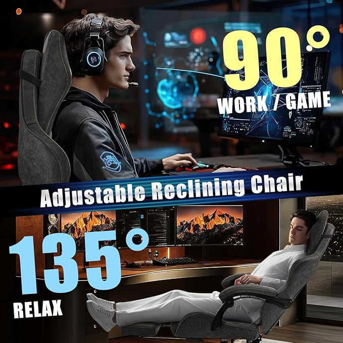 Gaming Chair Big and Tall, Grey Leather Video Game Chairs with Footrest, Padded Linkage Armrests & Large Headrest, Ergonomic Computer Chair 350lbs for Adults Gaming or Office Use