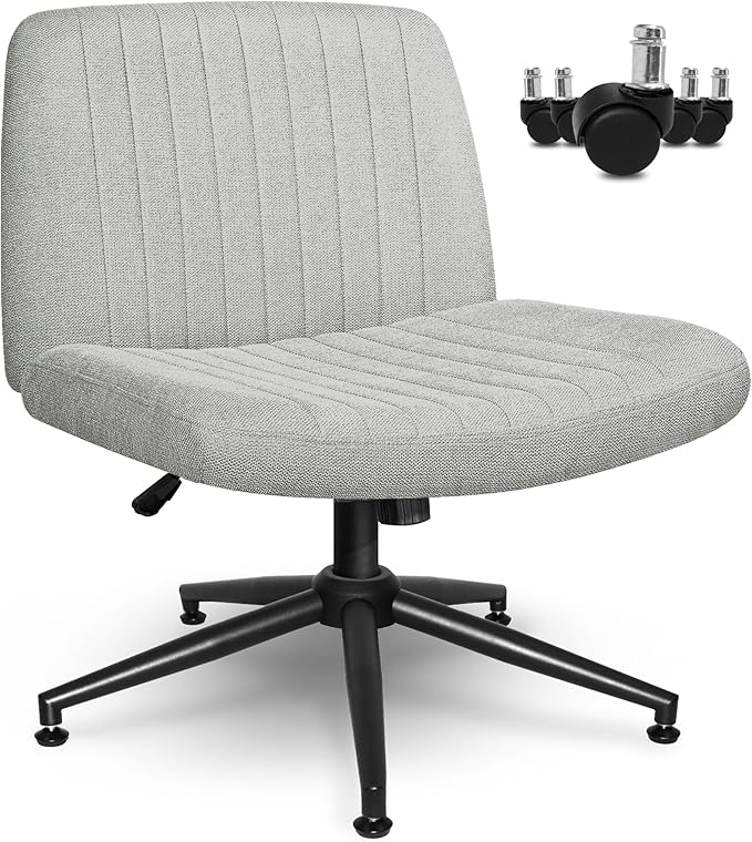 NEO CHAIR Criss Cross Chair with Wheels Armless Cross Legged Office Desk Wide Comfy Vanity Makeup Chair Adjustable Swivel Rolling Computer for Home Office Fabric (Grey)