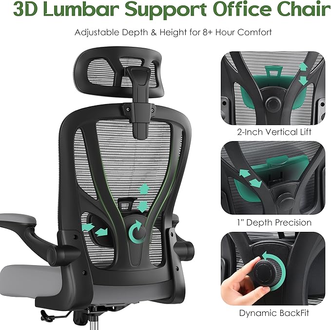Office Chair Ergonomic Desk Chair - Mesh High Back Office Chair with Headrests Wheels Lumbar Support Home Desk Office Chairs Flip up Armrest Executive Rolling Computer Chair Black Gray 2 Pack