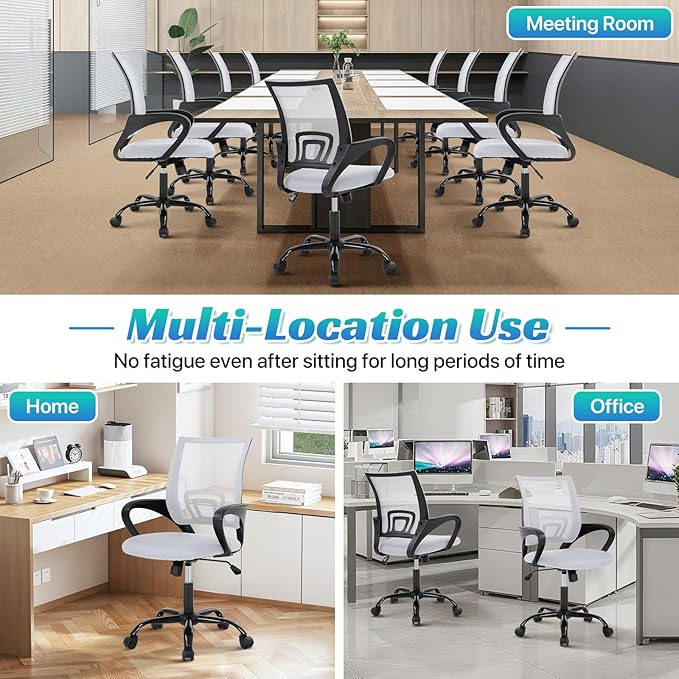 Ergonomic Office Chair Mesh Mid Back with Lumbar Support Armrest, Adjustable Home Desk Chair Comfy Computer Task Drafting Rolling Swivel Chairs for Gaming, Home Work, Study, White