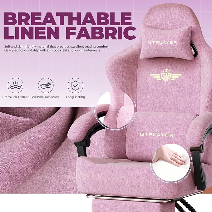 GTPLAYER Big and Tall Gaming Chair with Pocket Spring Cushion, High Back Ergonomic Computer Chair with Footrest for Adults Lumbar Support Swivel Game Chair for Office Gaming 350LBS, Fabric Pink