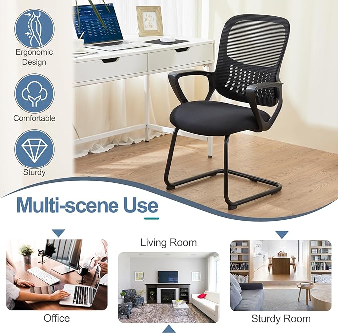 Yapamar Office Desk Chair No Wheels, Ergonomic Executive Sled Base Mesh Computer Chairs with Comfy Arms and Lumbar Support for Home Conference Room Bedroom - 1 Pack
