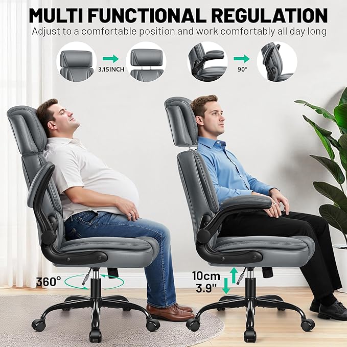 BestGlory Ergonomic Office Chair, PU Leather High Back Desk Chair with Adjustable Headrest and Padded Flip-Up Arms, Lumbar Support Computer Chair for Home Office Gaming, Grey