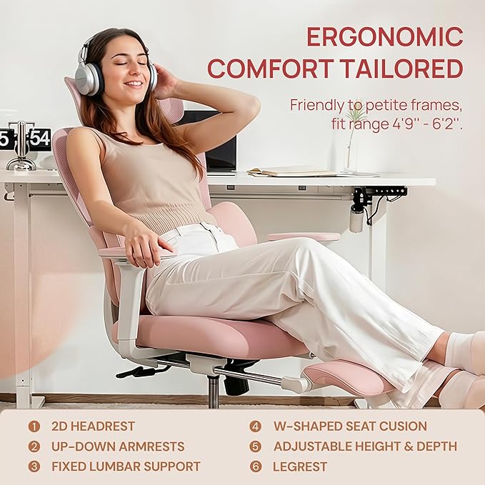 CabLady S1 Petite Ergonomic Home Desk Chair with Footrest and Headrest, High Back Fixed Lumbar Support with Detachable Pillow, Reclining Cute Office Chair for Women & Girls, 300 LBS Capacity