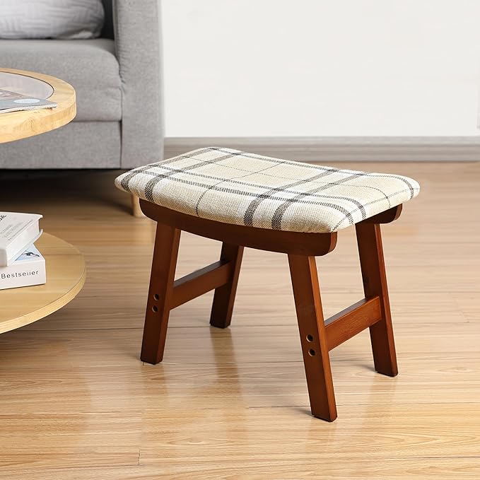 BAMBOO LAND- Bamboo Foot Stools Ottoman, Beige Cushion & Brown Wood Legs, Small Ottoman Foot Rest for Couch