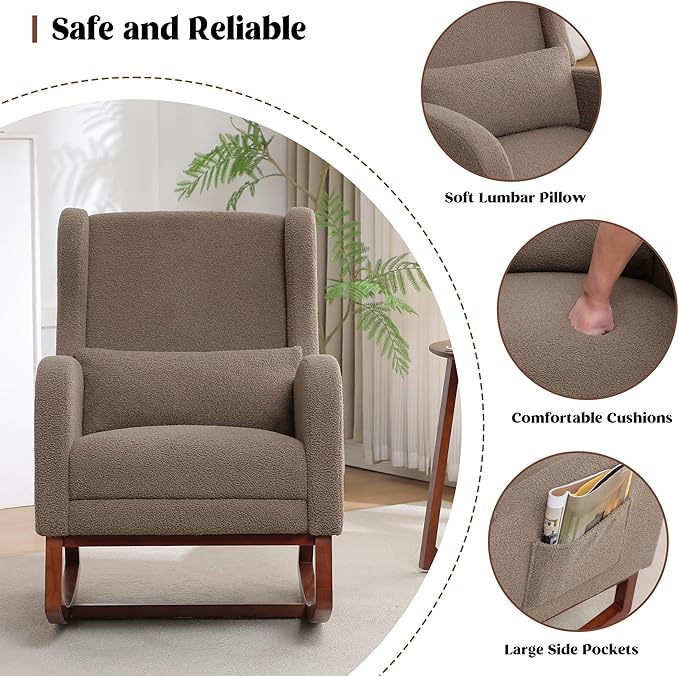 HCHAIRH Rocking Chair with Foot Rest, Teddy Wingback Nursery Rocking Chairs, Nursing Glider Rocker Chair with Pillow and High Back for Nursery, Living Room, Bedroom