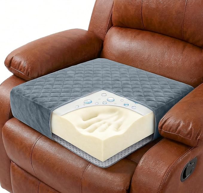 Soft 20x20x5 Memory Foam Recliner Chair Seat Cushion for Long Sitting - Armchair Pad with Washable Velvety Cover & Non-Slip Base for Seniors & Elderly - Gray