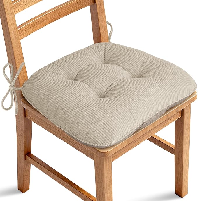 ELFJOY Dining Chair Cushions 1 Piece Thick Non Slip Kitchen Chair Pads with Ties Comfortable Indoor Kitchen Seat Cushions 18" x 18" x 3" Beige