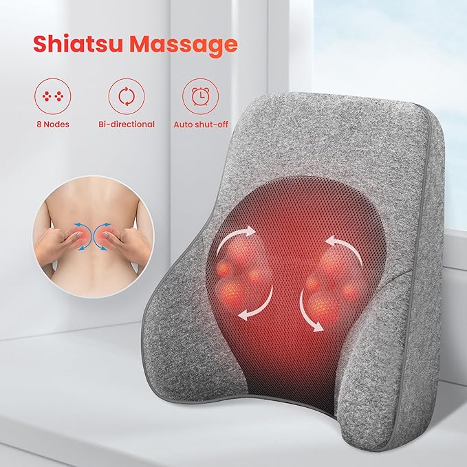 COMFIER Lumbar Support Pillow for Office Chair, Lumbar Back Support with 4 Shiatsu Massage Heads & Heat, Memory Foam Lumbar Pillow for Computer Gaming Chair-Dark Gray