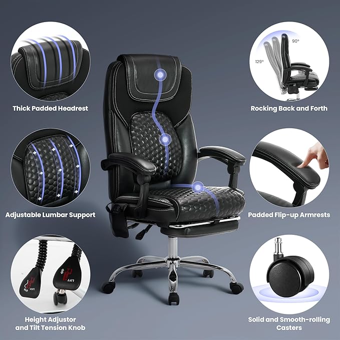 MALOL Massage Office Chair with 3-Level Heat and Footrest – 20-Min Easy Assembly, 300 lbs Big and Tall Reclining Desk Chair, PU Leather Ergonomic Executive Computer Chair with Side Pocket, Black