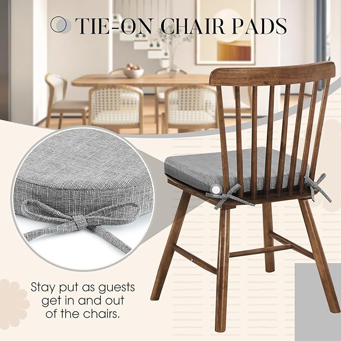 Basic Beyond Chair Cushions for Dining Chairs 4 Pack, Kitchen Chair Cushions with Ties and Non Slip Backing, 16 x 16 inches Chair Pads for Dining Chairs (Light Grey)