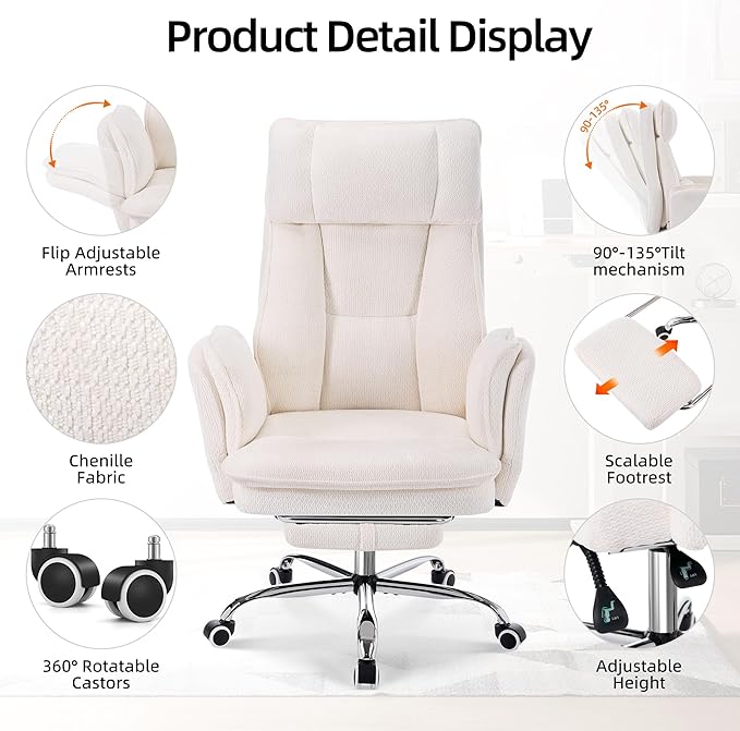 TonghuaS Criss Cross Office Desk Chair with Foot Rest and Flip Armrests for Pets Friendly & Extra Space, Ergonomic Reclining Gaming Computer Chair with Lumbar Pillow(Chenille Fabric Off-White)