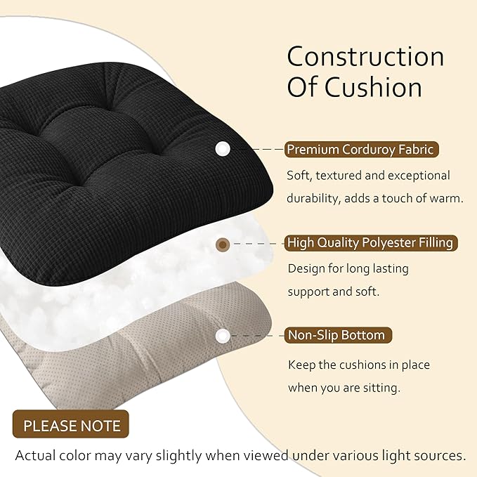 ELFJOY Dining Chair Cushions Thick Non Slip Kitchen Chair Pads with Ties Comfortable Indoor Kitchen Seat Cushions 18" x 18" x 3" (2, Black)