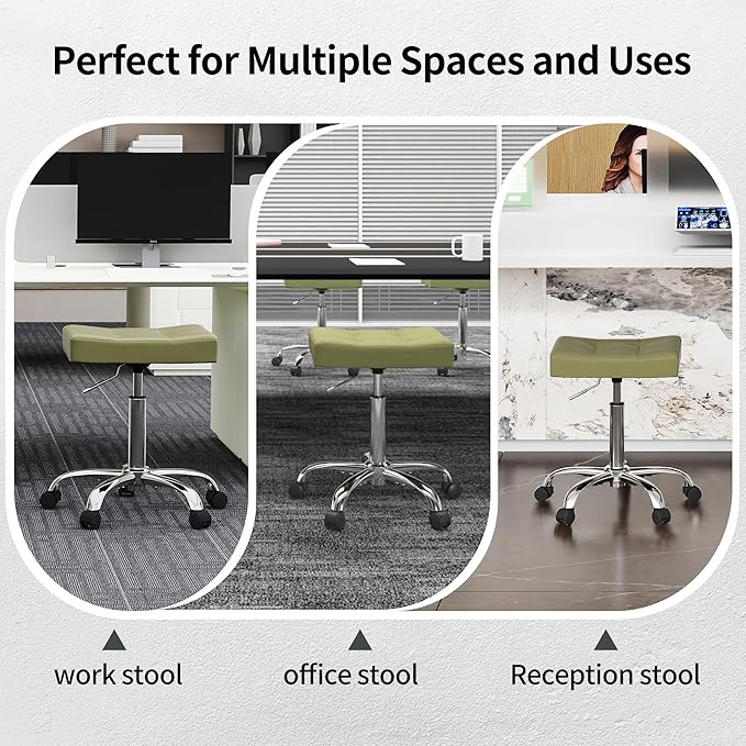 FIRAVOE Adjustable Work Stool with Wheels (300lbs Capacity) (Saddle Shaped Seat) Faux Leather Workbench Stool (Green)