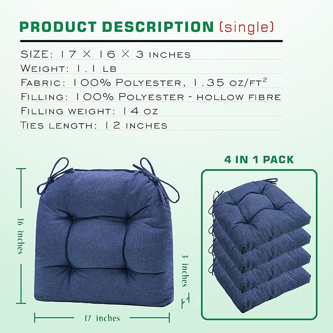 SQUARE MOON Chair Cushions for Dining Chairs, 3 Inch Thick Comfortable Kitchen Chair Pads, Dining Room Seat Cushions with Ties, Machine Washable, 17" x 16" x 3", 4/Pack, Navy