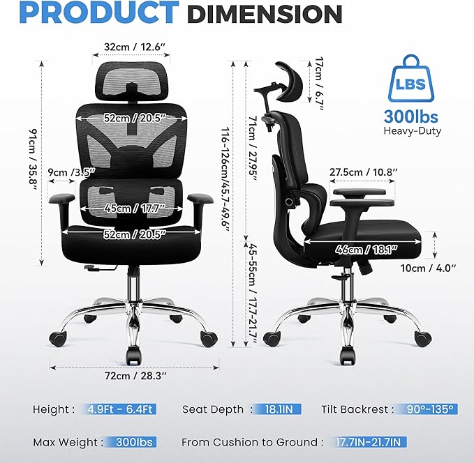 Office Desk Chair, Ergonomic Office Chairs with Lumbar Support, Breathable Mesh Desk Chair with Thickened Cushion Comfy for Home Office, Work, 300Lbs, Black