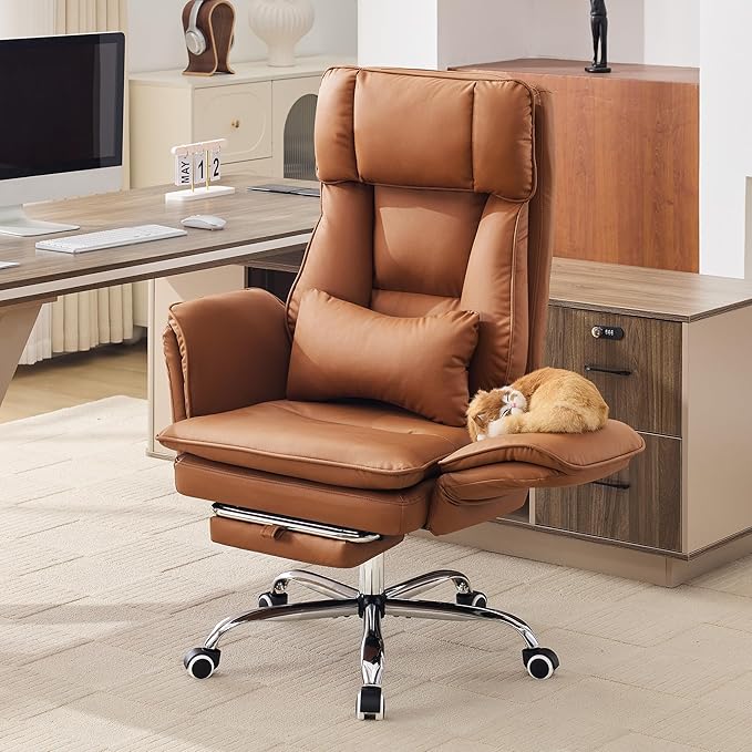 Big and Tall Office Chair, Cloud Reclining Office Chair with Footrest & Flip Armrest for Pets, Executive Ergonomic Criss Cross Desk Chair, Swivel Computer Gaming Chair with Lumber Pillow, PU Brown