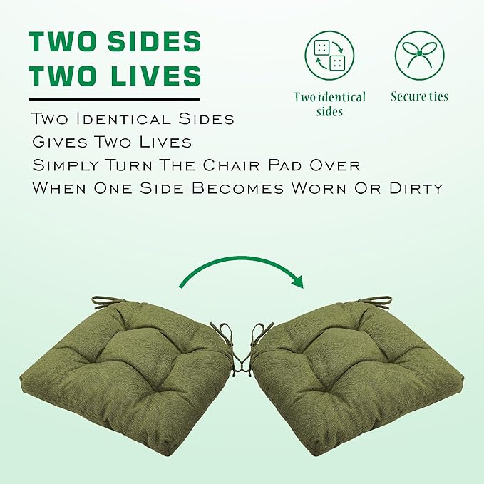 SQUARE MOON Chair Cushions for Dining Chairs, 3 Inch Thick Comfortable Kitchen Chair Pads, Dining Room Seat Cushions with Ties, Machine Washable, 17" x 16" x 3", 4/Pack, Olive Green