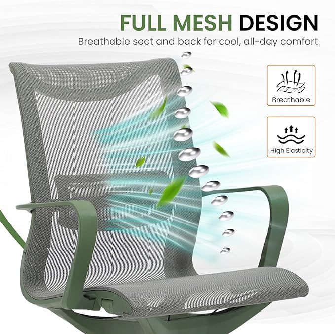 LuxErgo Ergonomic Mesh Office Chair, Mid Back Desk Chair with Lumbar Support & Armrests, Height Adjustable, 115° Recline, 360° Swivel Rolling Task Chairs for Home Office, Green