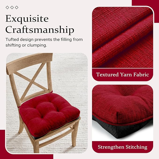 Wellsin Chair Cushions for Dining Chairs, Non-Slip Kitchen Chair Pads with Ties, Tufted Shredded Foam Kitchen Chair Cushions Set of 2, 15.5" X 15.5", Red